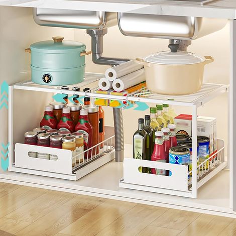 Rangement Sous Évier Extensible 2 Niveaux en Métal, Blanc, A-Style Hauteur Réglable (1/5)