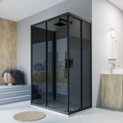 Cabine de douche noire mate à 3 côtés 70 x 90 x 70 cm avec double porte coulissante et verre fumé de 6 mm h 185 cm Tonga (1/4)