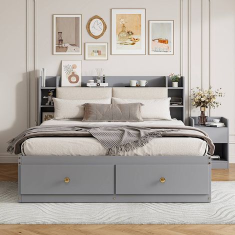 Lit combiné 140x200cm en bois massif gris avec tiroirs, armoire et table de chevet intégrée (1/5)