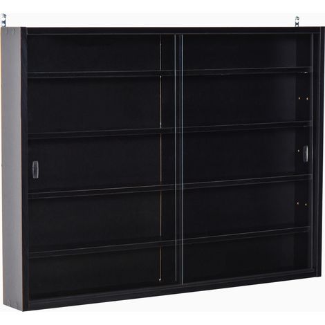 Vitrine murale noire 80L x 9,5l x 60H cm – 5 niveaux avec 4 tablettes réglables – 2 vitres coulissantes pour protection poussière – MH (1/5)