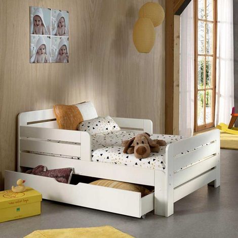 Pack - Lit Évolutif Enfant, Tiroir & Matelas "Jumper" 90x140cm Blanc (1/5)