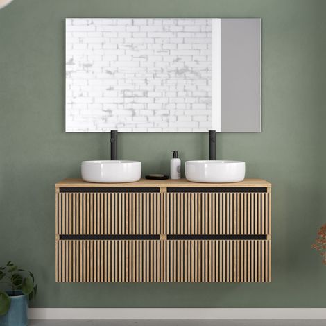 Meuble de salle de bain 120cm avec plateau et 2 vasques à poser rondes - 4 tiroirs - roble era (chêne clair) - VENERIA (1/5)