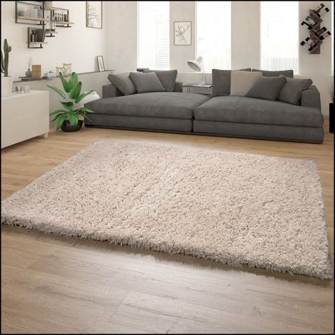 Paco Home Hochflor Teppich Wohnzimmer Shaggy Langflor Modernes Einfarbiges Muster Beige, 120x160 cm