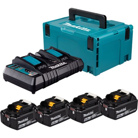 MAKITA Pack de 4 Batteries Li-Ion 18V 6Ah BL1860B + Chargeur double DC18RD + Coffret Makpac 3