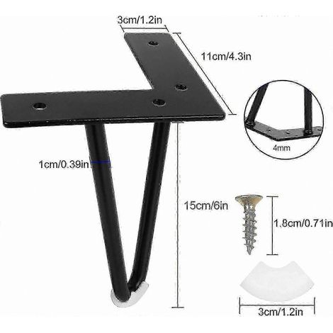 Pieds en épingle à cheveux en métal noir, un ensemble de 4 pieds de support de table, pieds en fer forgé de 15 cm/6 pouces, avec vis, adaptés aux projets de meubles à faire soi-même. (1/5)
