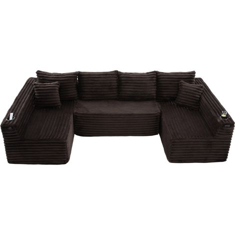 Canapé modulable en velours côtelé en U avec porte-gobelets et poches latérales, rembourrage à ressorts, 4 coussins dossier et 2 coussins décoratifs, 320x155x88 cm, gris (1/5)