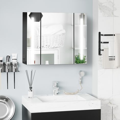Armario con espejo para baño, armario de baño de MDF para montaje en pared con 3 armarios, 3 estantes y luz LED, 90x15x65 cm, negro