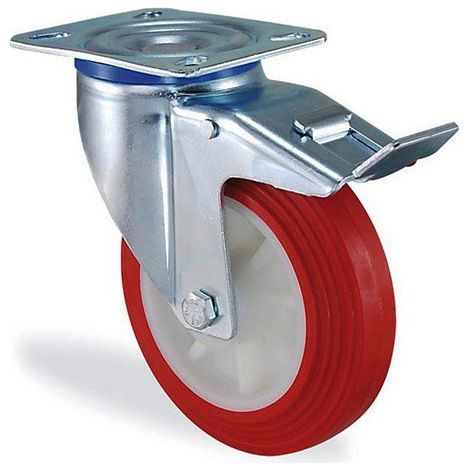 Roulette pivotante à frein polyuréthane rouge diamètre 80mm charge 125kg