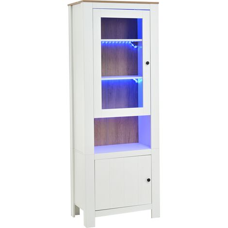 CAIziGrand meuble haut 70 x 40 x 188 cm, vitrine sur pied avec 2 portes de placard, six étagères, fond aspect bois naturel, étagères réglables, vitrine en verre avec LED, blanc + couleur bois naturel
