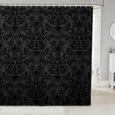 Rideau de Douche Damassé Noir pour Adultes, Rideau Salle de Bain Antique Victorien Baroque, Rideau de Baignoire Gothique Floral, Rideau Douche Exotique Bohème avec Crochets, 180x180 cm (1/5)