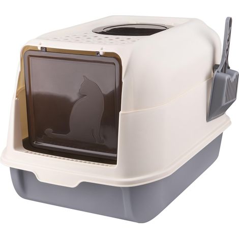 Bac à Litière pour Chat,Bac de Tiroir et Pelle à Litière,Portable,Grande Maison de Toilette Chat Pliable avec Couvercle,WC pour Chats avec Couvercle-36 51 34 cm-Gris (1/5)