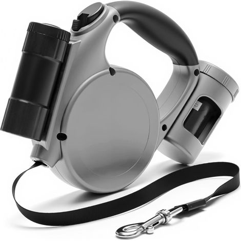 Laisse rétractable pour grand chien avec lampe de poche amovible et distributeur de sacs à déjections canines