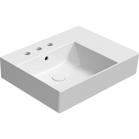 Lavabo en céramique KUBE X 60x47cm, étagère à droite, 3 trous de robinetterie, blanc ExtraGlaze (1/3)