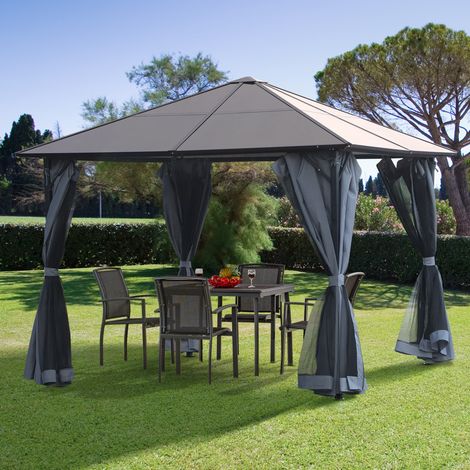 Pavillon mit Polycarbonatdach, Vorhänge mit Fliegennetz, Alugestell, dunkelgrau, 3 x 3 m