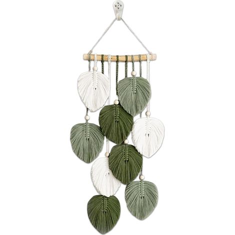 Tapisserie murale décorative bohème avec feuilles vertes, macramé pour chambre à coucher et salon, art mural de style naturel, décoration murale en coton, tapisserie bohème pour décoration (1/5)