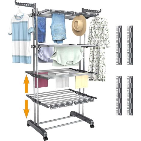 Séchoir à Linge pliable à 5 niveaux, hauteur réglable, étendoir à linge d'intérieur en acier inoxydable avec 4 roulettes, 32 tringles à vêtements, 14 crochets et 4 supports pour petites pièces (1/5)