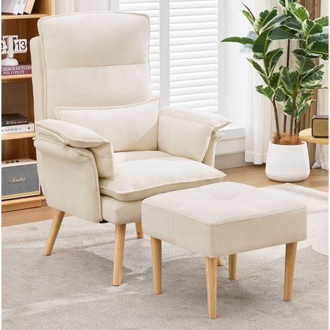 Poltrona relax con poggiapiedi, schienale regolabile in 5 posizioni, cuscino incluso, effetto lino beige (1/5)