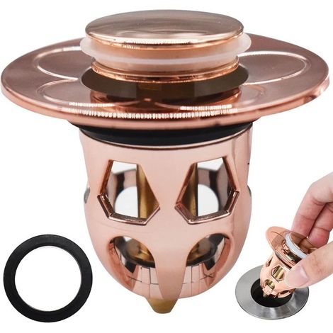 Pop Up Bouchon Lavabo,Bouchon d'Évier Type Poussoir, Bouchon de Lavabo, Flitre de Vidange Anti-Bloqué, Clapet Bonde Salle de Bain, éviers de Cuisine pour 30mm 40mm Trou de Vidange (Or Rose) (1/5)