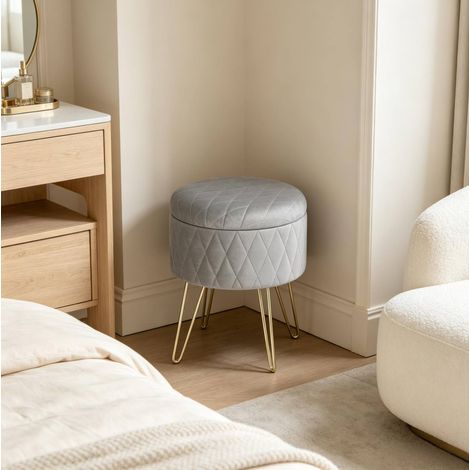 Pouf contenitore rotondo in velluto grigio chiaro Ø 31,5 cm, altezza 36 cm, piedi dorati (1/5)