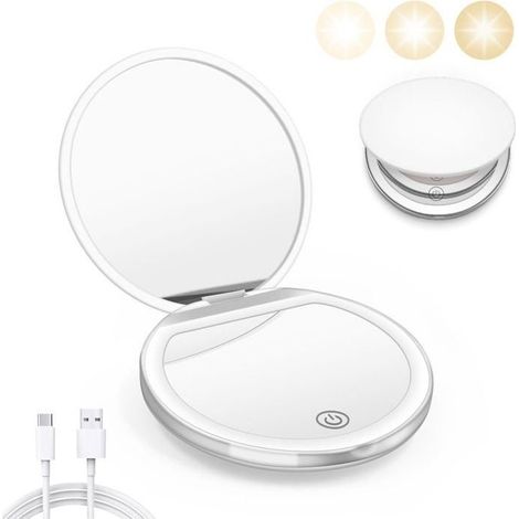 Miroir de poche avec anneau lumineux LED, câble de chargement USB, grossissement x2, réversible, pliable, blanc ivoire. (1/5)