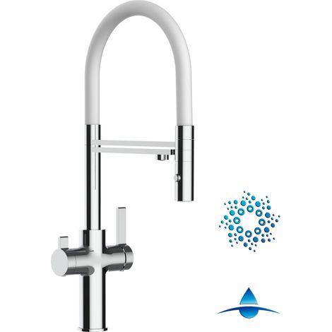 Robinet de Cuisine Mitigeur 4 Voies chromé pour système de carbonatation et filtration/purification d'eau bec blanc orientable et douchette 2 jets détachable FC VIZIO (1/5)