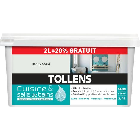 Tollens – Peinture satin ultra lessivable 2L – Résistante à l'humidité – Pour cuisine et salle de bains – Couleur blanc cassé