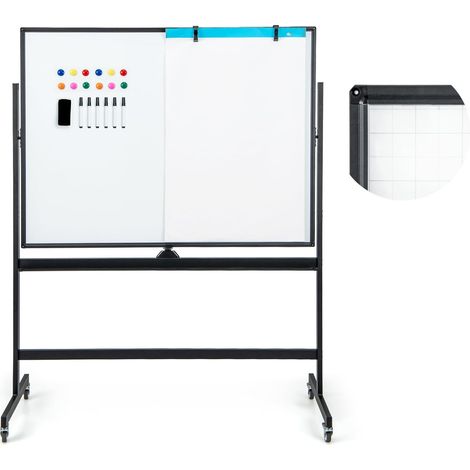 COSTWAY Doppelseitiges mobiles Whiteboard, 120 x 90 cm, Trocken abwischbares magnetisches Whiteboard mit Gittermuster, Rollen, Ständer und Stiftablage, inkl. Zubehör für Büro, Zuhause (Schwarz) (1/5)