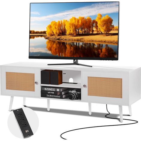 Meuble TV en Rotin pour Téléviseur de 65 Pouces, Banc TV Bohème Porte en Rotin, Centre de Divertissement avec Prise Intégrée et Ports USB, Console TV Moderne pour Salon, Salle Multimédia, Blanc (1/5)