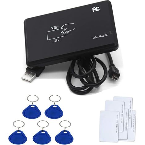 13.56MHz RFID Lecteur de IC Carte à Puce USB Lecteur de Carte de proximité sans Contact USB Plug and Play + 5 x Badges RFID Chips 13.56Mhz de Porte-clés + 5pcs Cards