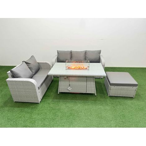 Fimous 6 Seater PE Rattan Wicker Garden Furniture Patio Conservatory Sofa Set with Firepit Dining Table 3 Seater Sofa Love Sofa Big Footstool (1/4)