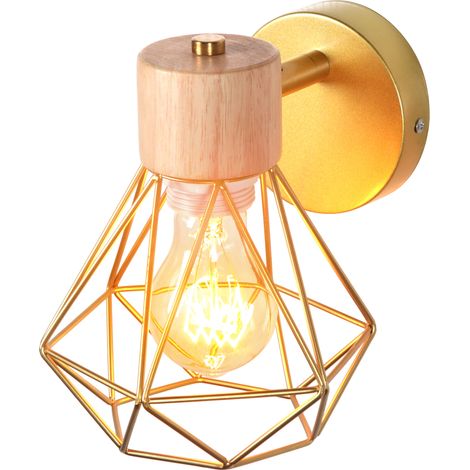 Wandlampe Retro aus Holz Eisen Käfig Wandleuchte Drehbare E27 16CM für Flur Wohnzimmer Schlafzimmer Küche Cafét (Gold) (1/5)