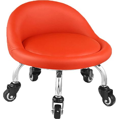 Low Stool with Wheels, Mini Stool on Wheels with Low Legs, Faux Leather Backrest, Low Metal Base, 360° Round Leather Bench with 5 Wheels for Home Office or Gym (Red) (1/5)