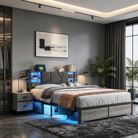 Cama adulta de 140 x 200 cm - con cajones - espacio de almacenamiento - iluminación LED regulable - puerto USB - estructura tapizada - estilo moderno