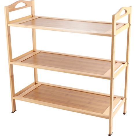 Zapatero de varios niveles fabricado en bambú grueso, espacioso y estable, ideal para dormitorios o residencias estudiantiles. 3 estantes de 50 cm de largo. (1/5)