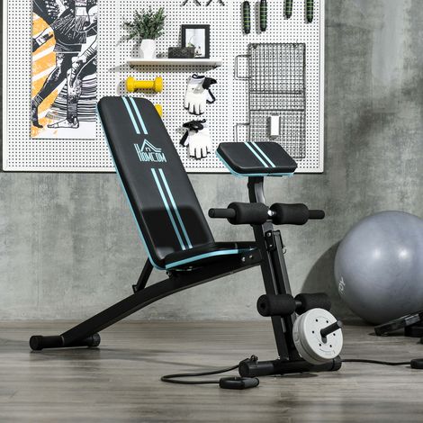 Panca pesi pieghevole con schienale regolabile, estensione per gambe, cuscino per bicipiti, fascia elastica, 160x54x106 cm, nera