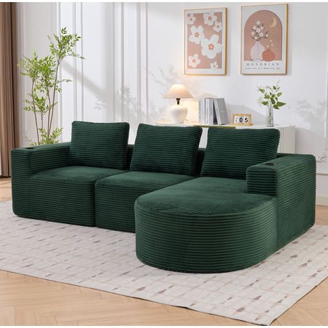 Divano 2 posti in poliestere imbottito verde rétro 265 cm con 3 cuscini e 2 portabicchieri (1/5)