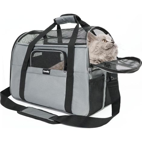Sac Transport Chat Chien, Sac Transport Respirant et Pliable, Caisse de Transport Chat avec Bandoulière Réglable, Matelas en Peluche Amovible, M, Gris (1/5)