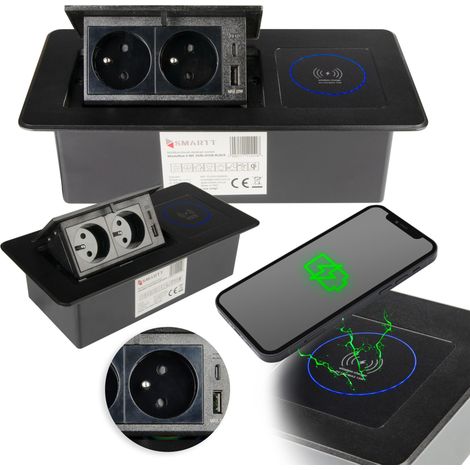 Enchufe retráctil para encimera, color negro, 2 puertos USB, 2 tomas de corriente de 230 V, cargador inductivo. (1/5)