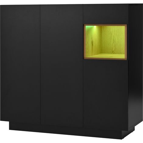 Zapatero con cajón, baldas ajustables y LED, negro y efecto madera (1/5)