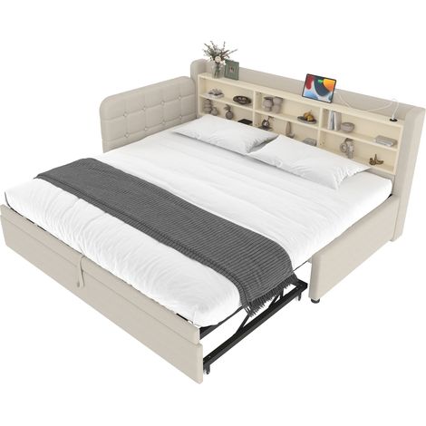 Lit banquette extensible 90x200 cm avec prise USB et USB-C, rangements intégrés, beige tissu, style rétro, transformable 180x200 cm - CHICFURN (1/5)