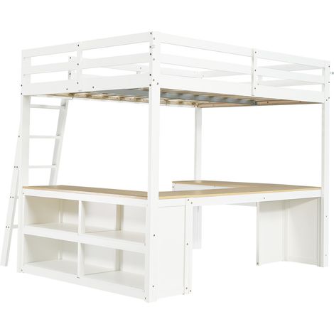 Cama alta infantil 140x200 cm con escritorio en U, 2 cajones, blanco natural (1/5)