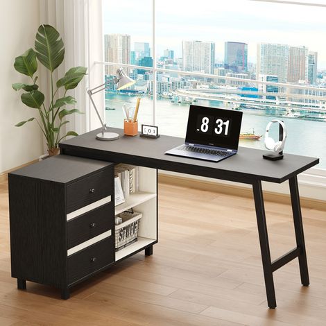 Bureau d'angle en L 150x100x76 cm noir et blanc, trois tiroirs, espaces de rangement ouverts, pieds métalliques et plateau spacieux (1/5)