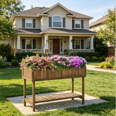Jardinière sur pieds 110x46x76 cm en bois brun, gain de place pour jardin, FloraGrace (1/5)