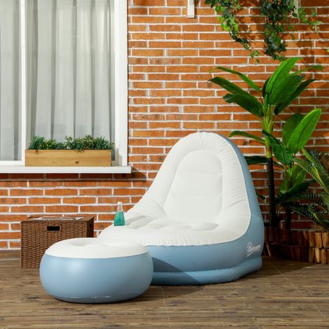 Canapé gonflable blanc 125x100x87 cm avec pouf, porte-verre et sofa à air pour camping, salon ou intérieur