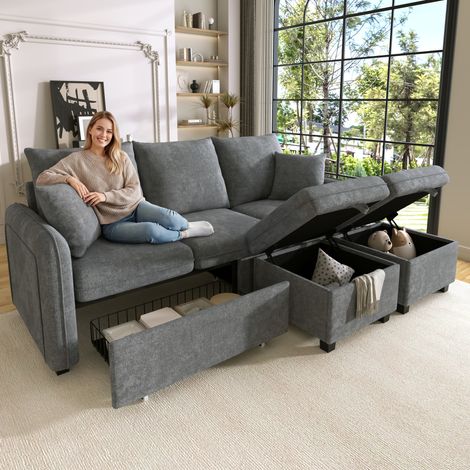 Canapé d'angle multifonctionnel 3 places en U avec rangement intégré (tiroirs), pouf convertible et compartiment de rangement, revêtement chenille (1/4)