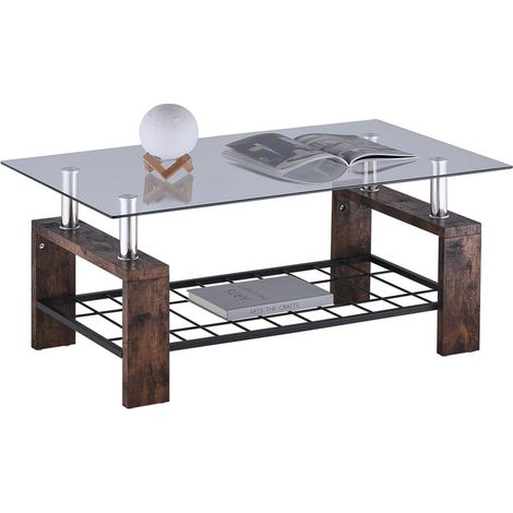 Coffee Table, 100x45x60cm Rectangle Glass Coffee Table, Modern Side Table with Lower Shelf,Brown (1/5)