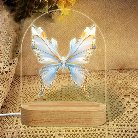Veilleuse en forme d'arc avec papillon blanc et bord doré-bleu Lampe LED 3 couleurs Décoration chambre enfant Cadeau fille garçon (1/5)