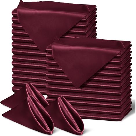 Lot de 60 serviettes de table carrées en satin de polyester doux et soyeux avec bords festonnés, 43,2 x 43,2 cm, pour mariage, banquet, restaurant, décoration Bordeaux