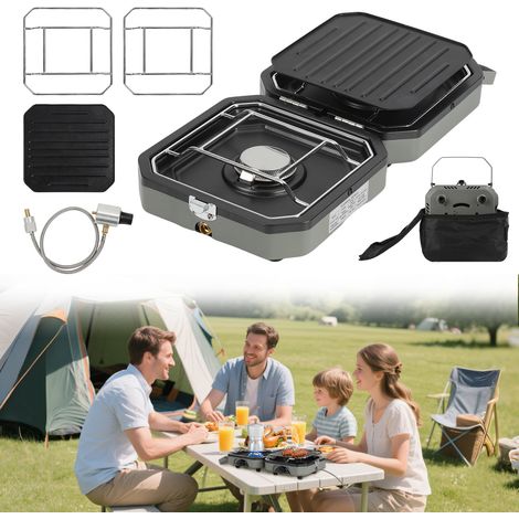 Jiubiaz Tragbarer Campingkocher Gas, 2-flammig, mit Grillplatte und verchromten Rosten, Sicherheitsabschaltung, Outdoor Gaskocher für Camping, Garten und Reise