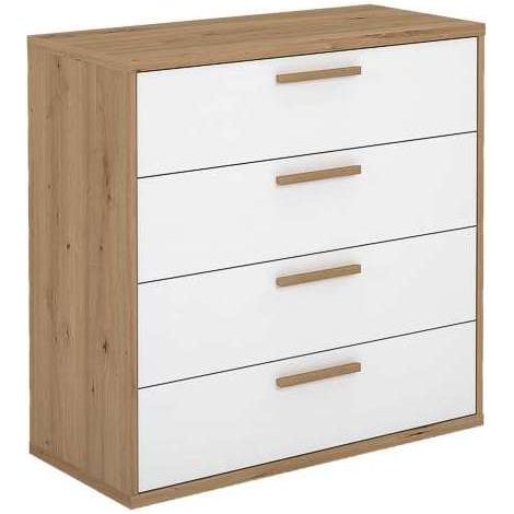 Cómoda 4 cajones María acabado blanco poro/roble albar. 86.5cm(alto), 88.2cm(ancho), 40cm(fondo)